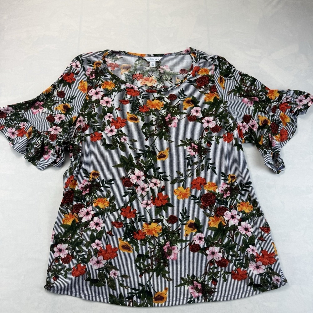 Boutique+ Women's 3X Floral Blouse Blue White Stripe Ruffle Bell Sleeve Top